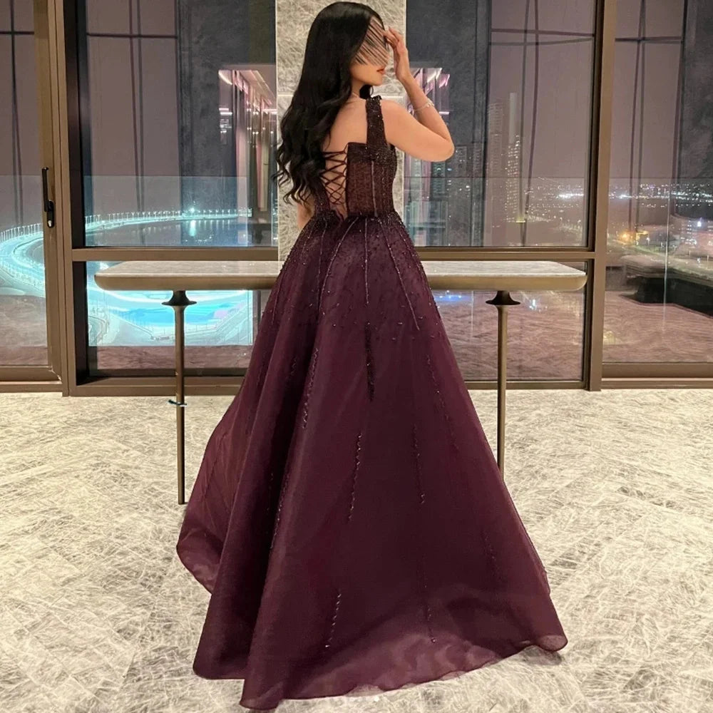 Vestido de noche morado de lujo cuadrado para fiesta LA72857