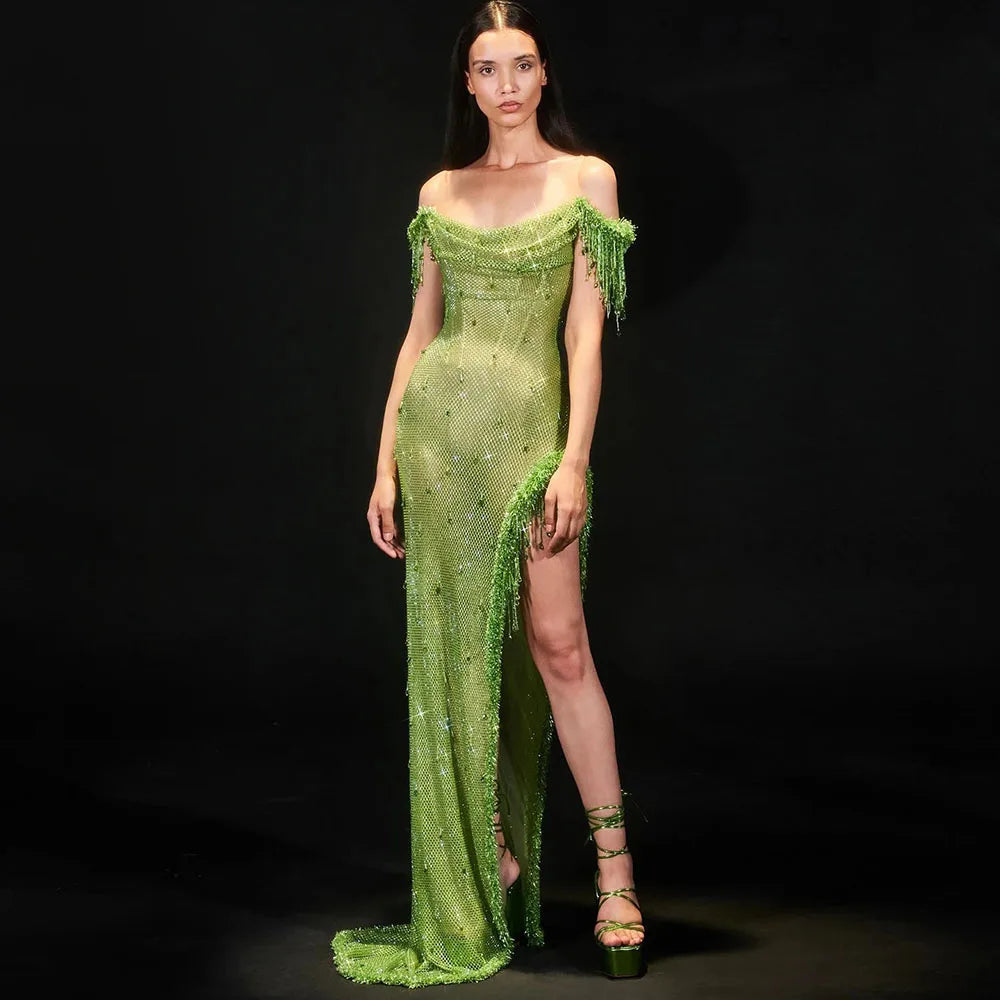Vestido de noche árabe saudí con borlas de cristal verde, corte alto, para mujer, para fiesta de boda, 2025, LA72490