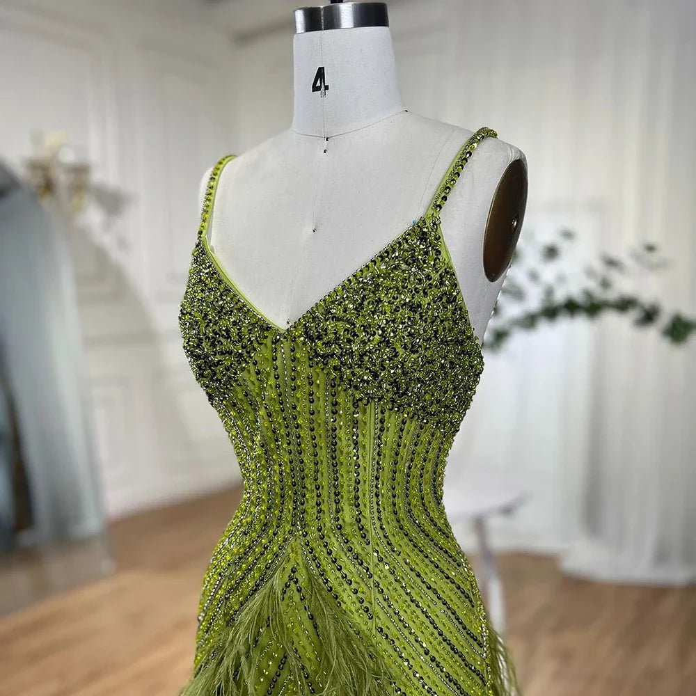 En oferta, sin devolución ni reembolso, vestido de noche de sirena con plumas de color verde amarillo, con cuentas y largo hasta el tobillo, vestidos de fiesta 2025 para mujer LA72055