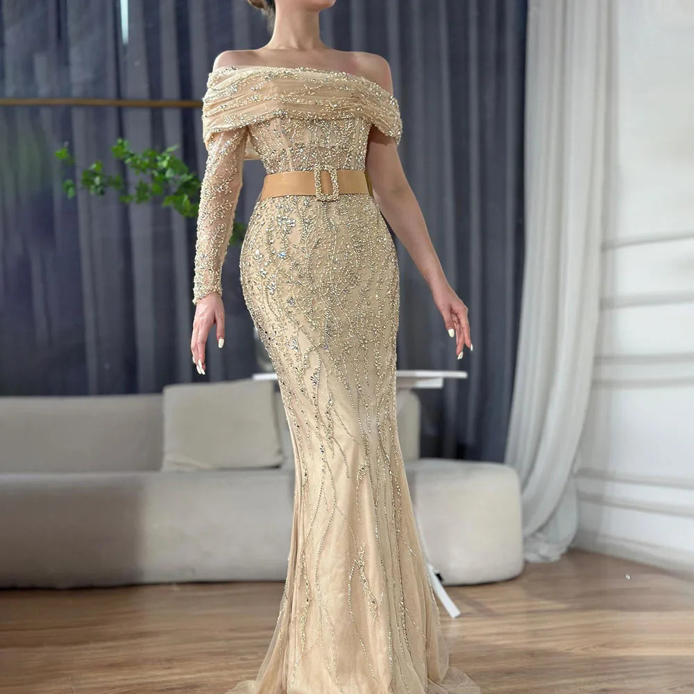 Vestidos de noche de lujo estilo sirena árabe con un solo hombro y cuentas, estilo Dubái, para mujer, para boda, fiesta, 2025, LA72161