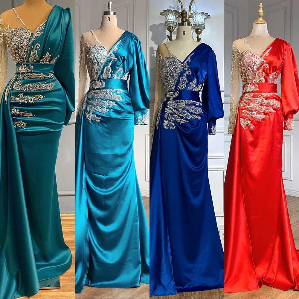 Vestidos de noche de satén verde sirena 2025, musulmanes, elegantes, con cuentas, de lujo, para mujer, fiesta, LA71370