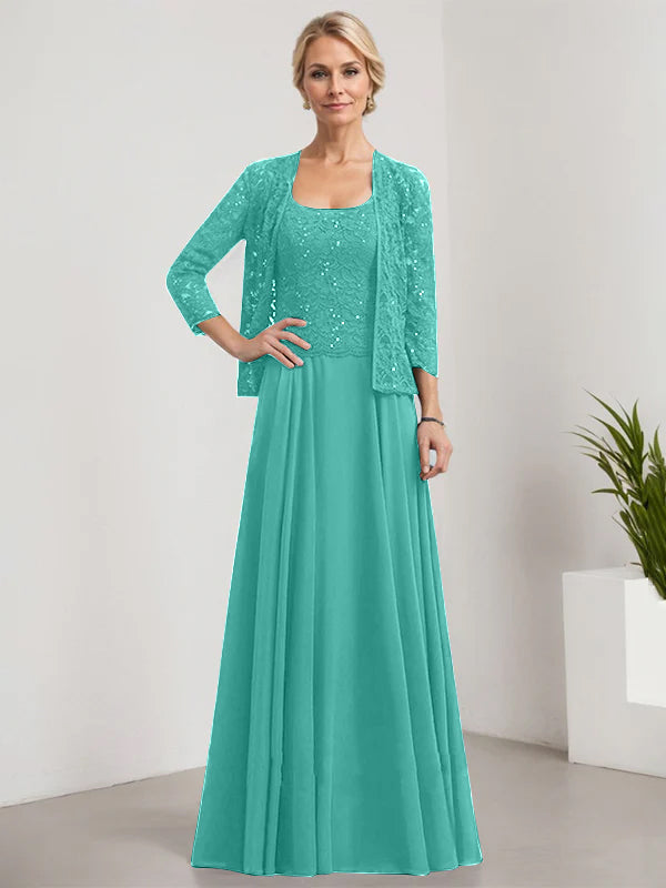 A-Linie Quadratisches Bodenlanges Spitzen-Chiffon-Kleid für die Brautmutter mit Pailletten