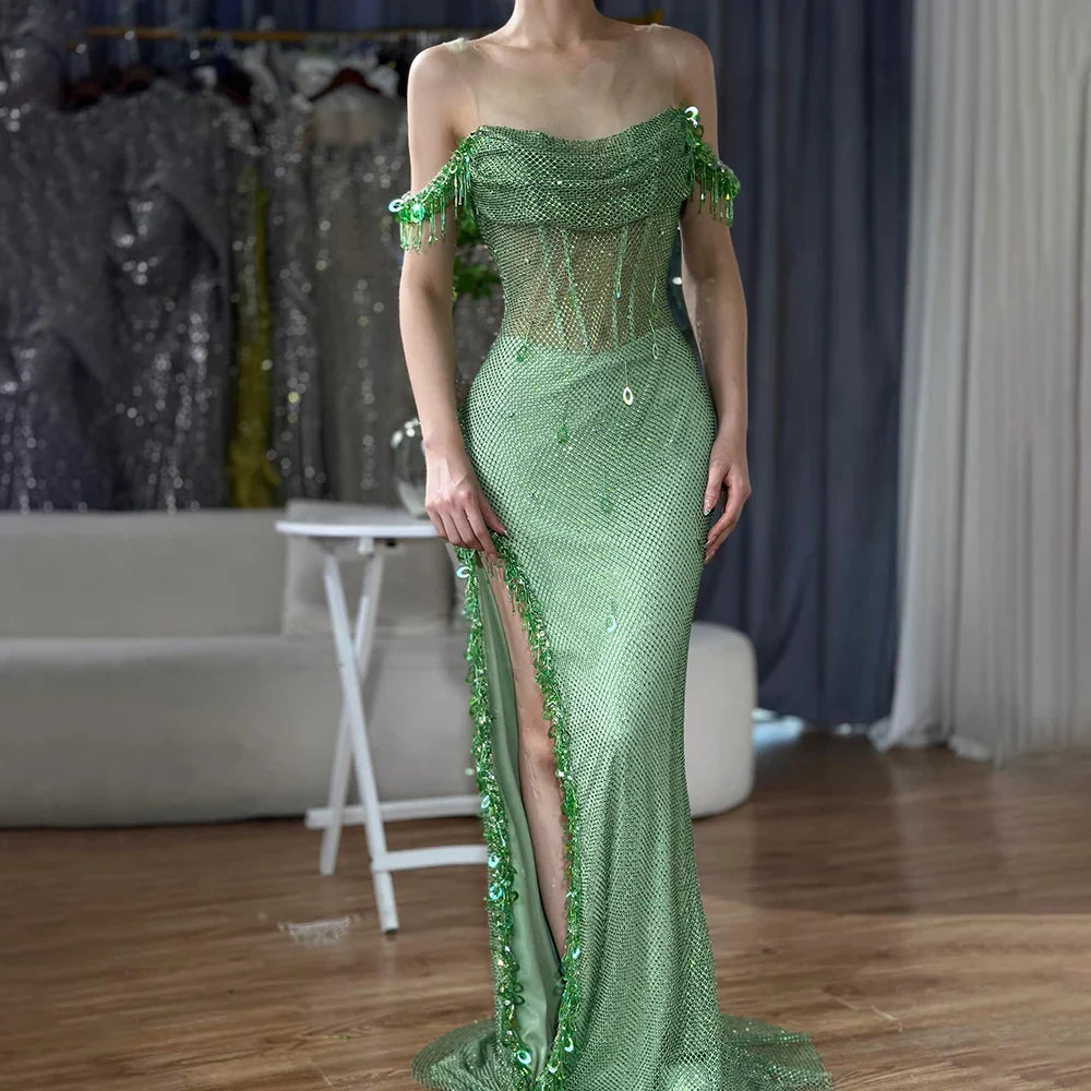 Vestido de noche árabe saudí con borlas de cristal verde, corte alto, para mujer, para fiesta de boda, 2025, LA72490