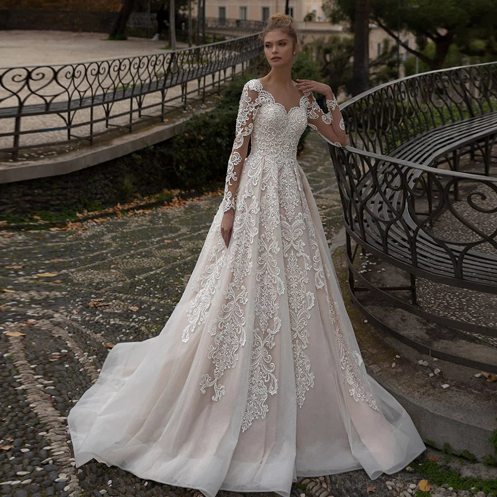 Modest Champagne Wedding Dress Appliques Long Sleeves Vestido De Noiva Sweep Train Sexy Backless Vestidos De Novia-payinti