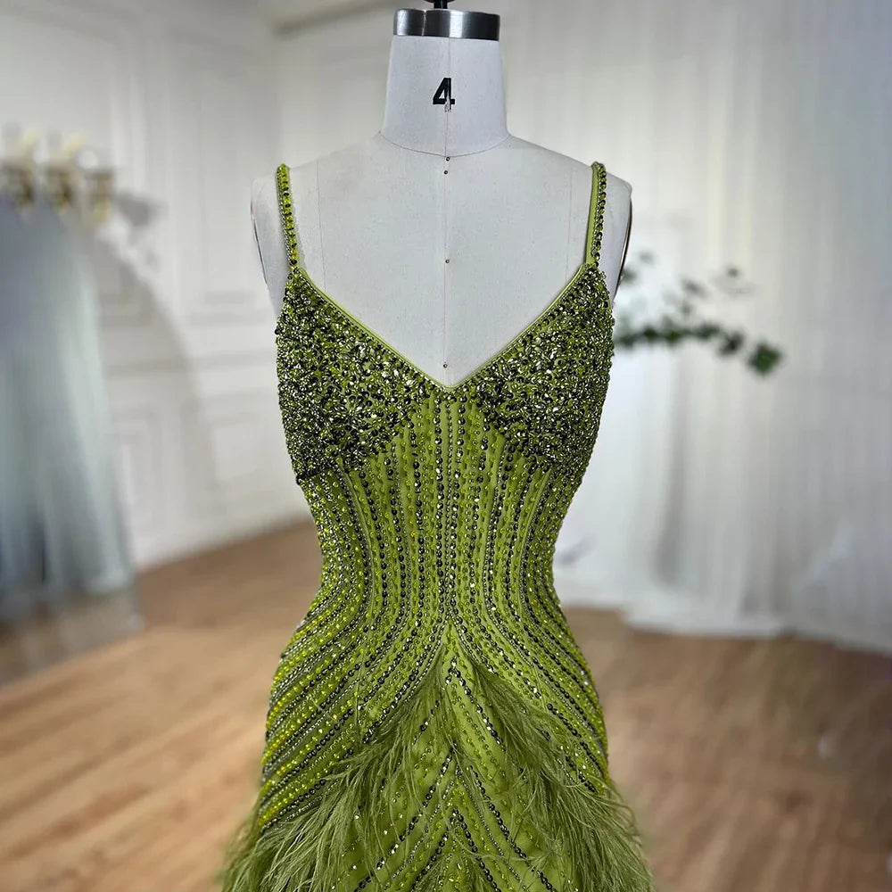 En oferta, sin devolución ni reembolso, vestido de noche de sirena con plumas de color verde amarillo, con cuentas y largo hasta el tobillo, vestidos de fiesta 2025 para mujer LA72055