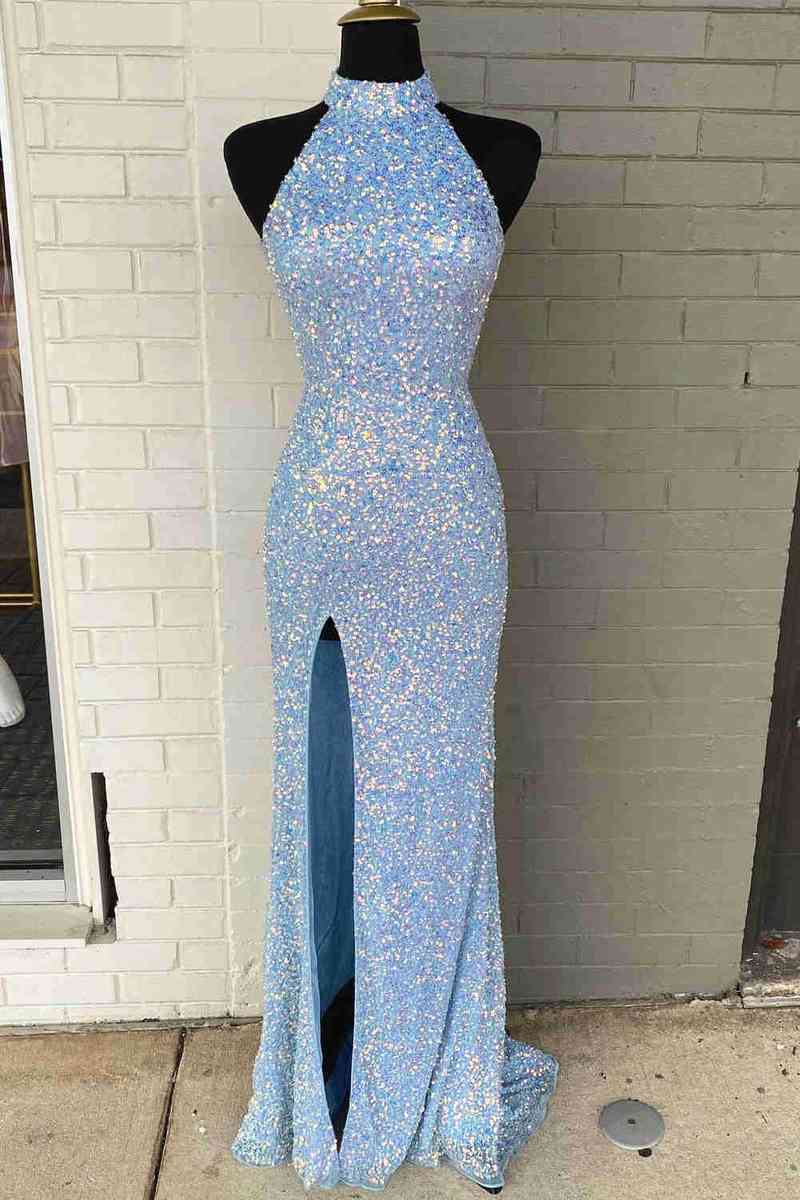 Pailletten High Neck Royal Blue Langes Partykleid mit Schlitz SYP91