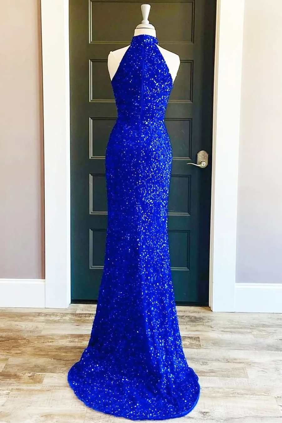 Pailletten High Neck Royal Blue Langes Partykleid mit Schlitz SYP91