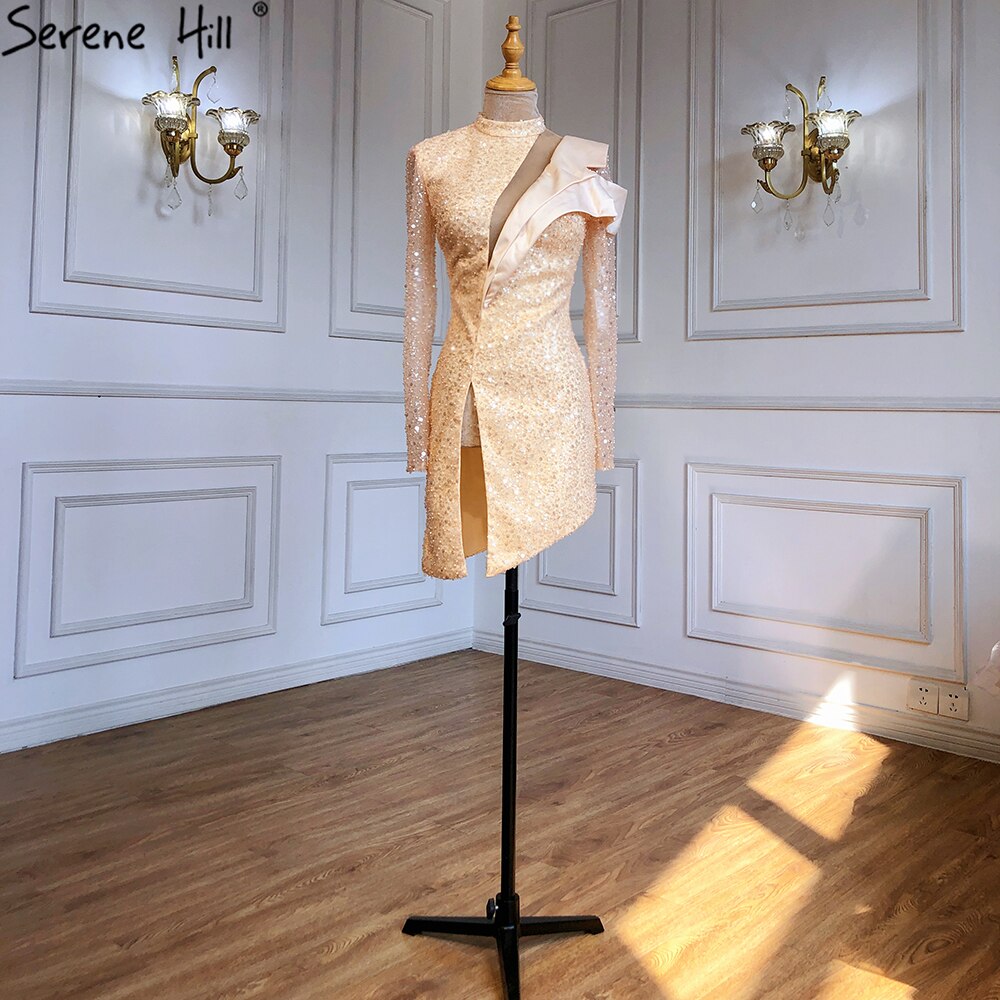 Vestidos de cóctel asimétricos dorados 2025 con cuentas y perlas, sexys, de lujo, para mujer, fiesta LA71399