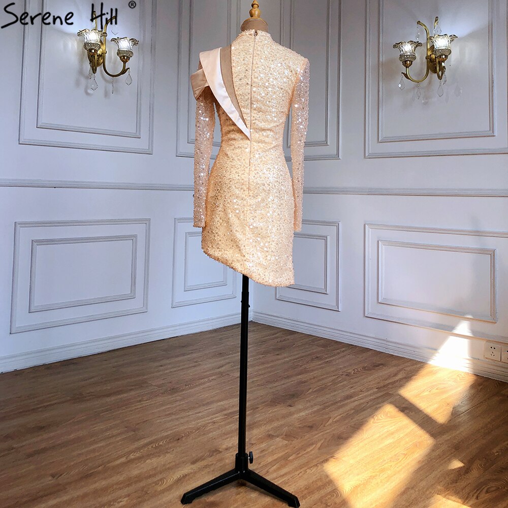 Vestidos de cóctel asimétricos dorados 2025 con cuentas y perlas, sexys, de lujo, para mujer, fiesta LA71399