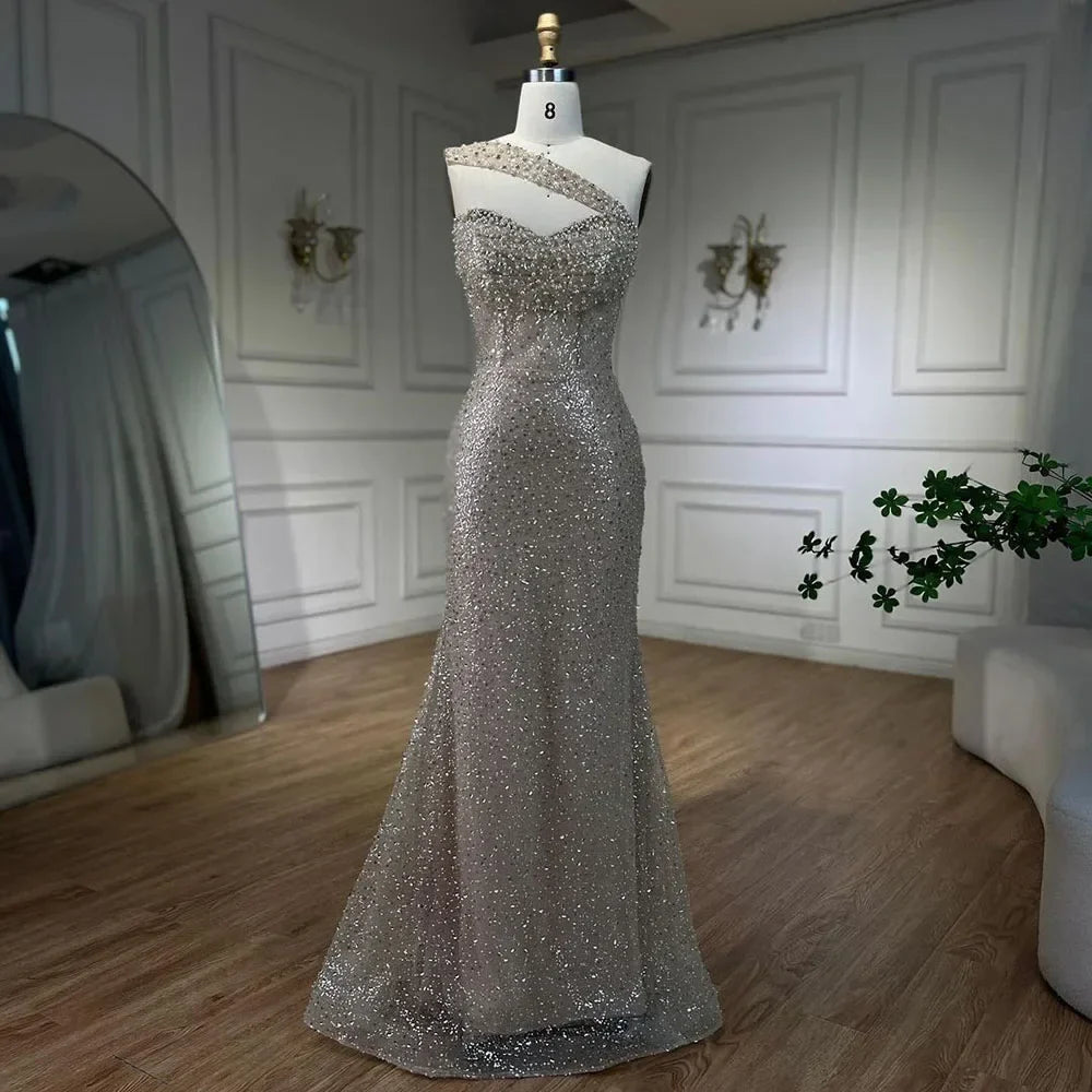 2025 Arabisches nacktes Meerjungfrau-Abendkleid mit einer Schulter, elegantes Luxuskleid mit Perlen für Damenparty LA72365