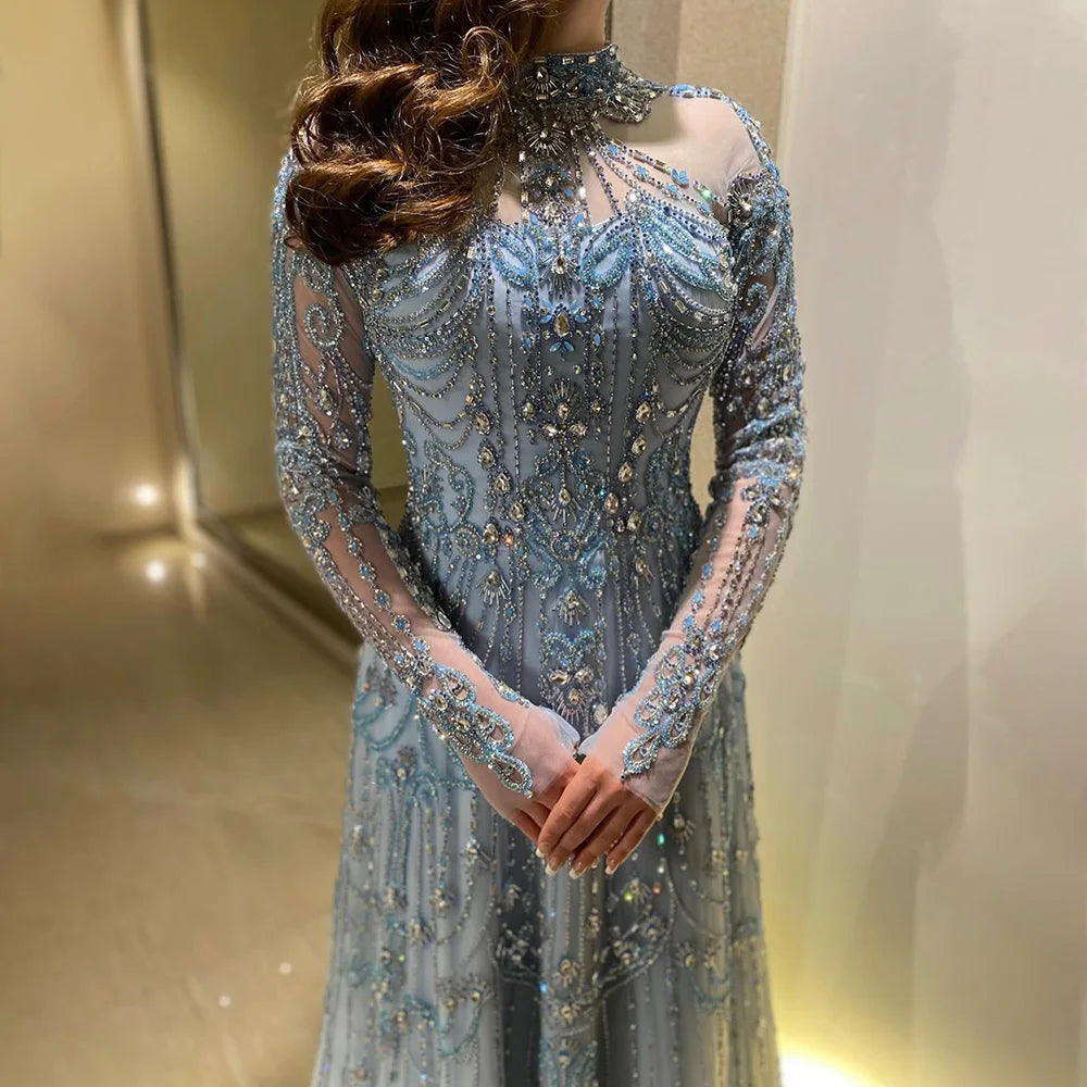 2025 Arabic A-Line Blue Lace Beaded Luxury Evening Gowns for Women's Party Dubai LA72704