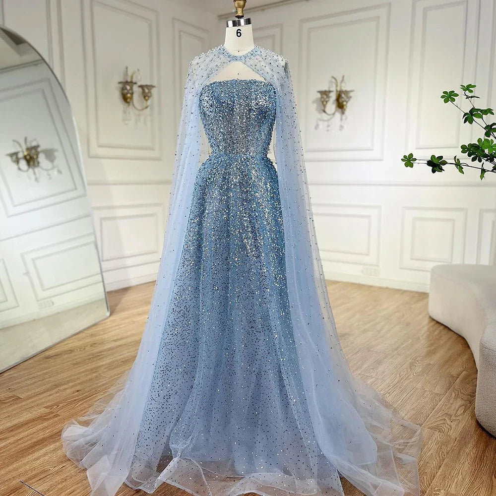 Vestido de noche azul árabe de lujo de Dubái, corte A, elegante, con mangas tipo capa y cuentas, para mujer, fiesta, LA72659, talla de felpa, 2025