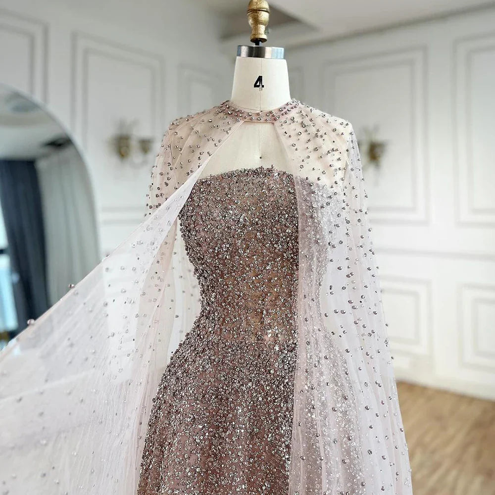 Vestido de noche azul árabe de lujo de Dubái, corte A, elegante, con mangas tipo capa y cuentas, para mujer, fiesta, LA72659, talla de felpa, 2025