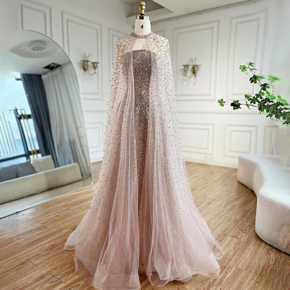 Vestido de noche azul árabe de lujo de Dubái, corte A, elegante, con mangas tipo capa y cuentas, para mujer, fiesta, LA72659, talla de felpa, 2025