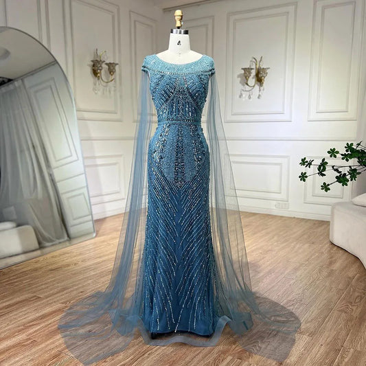 Vestido de noche elegante de sirena azul árabe, con mangas tipo capa y cuentas, de lujo, para mujer, para fiesta de boda, LA72423