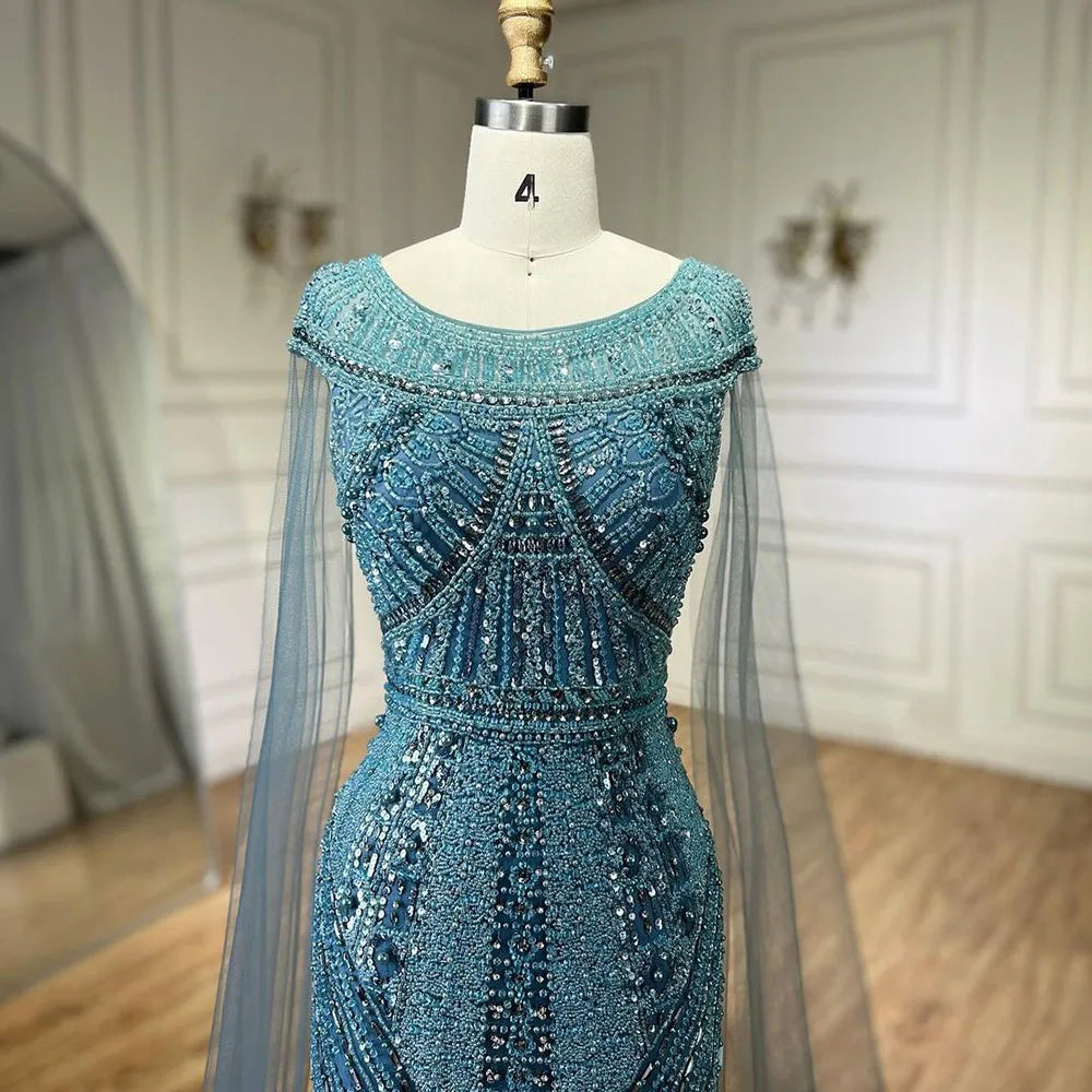 2025 arabisch Blau Meerjungfrau Elegante Cape Ärmel Perlen Luxus Abendkleider Kleider für Frauen Hochzeit Party LA72423