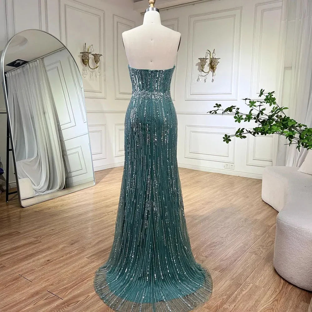 2025 Arabisch Blau Meerjungfrau Luxus Abendkleid Trägerlos Mit Handschuhe Perlen Party Kleid für frauen Hochzeit LA71950