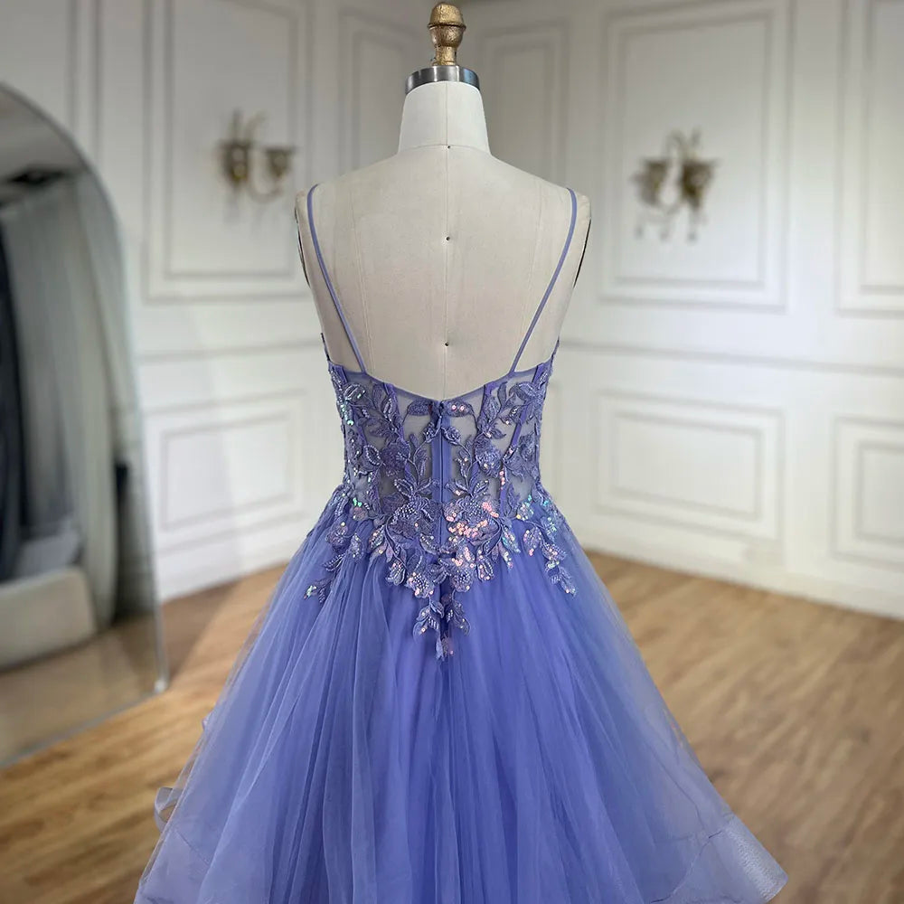 Vestido de noche de lujo azul árabe con tirantes finos, corte A, apliques de encaje escalonados para fiesta de mujer LA72617