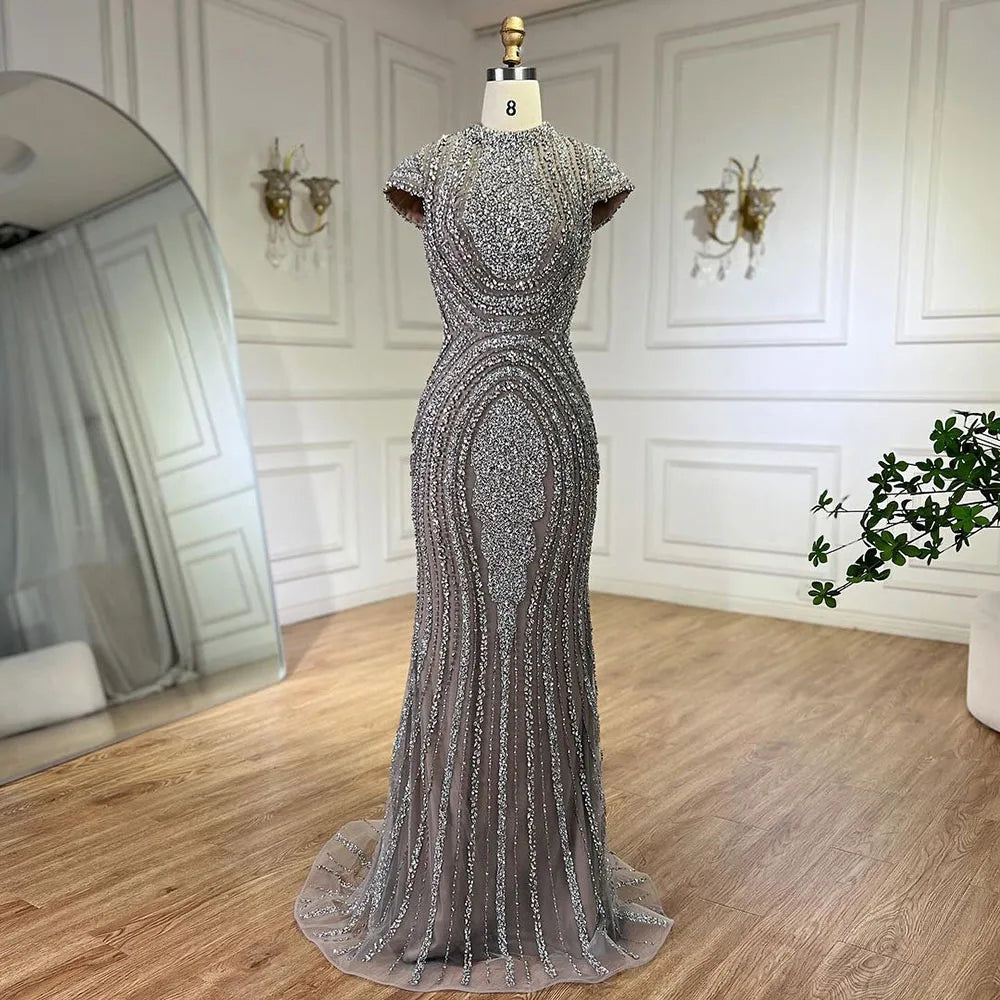 Luxus-Designer Dubai Silber Nude Arabische Abendkleider LA72344