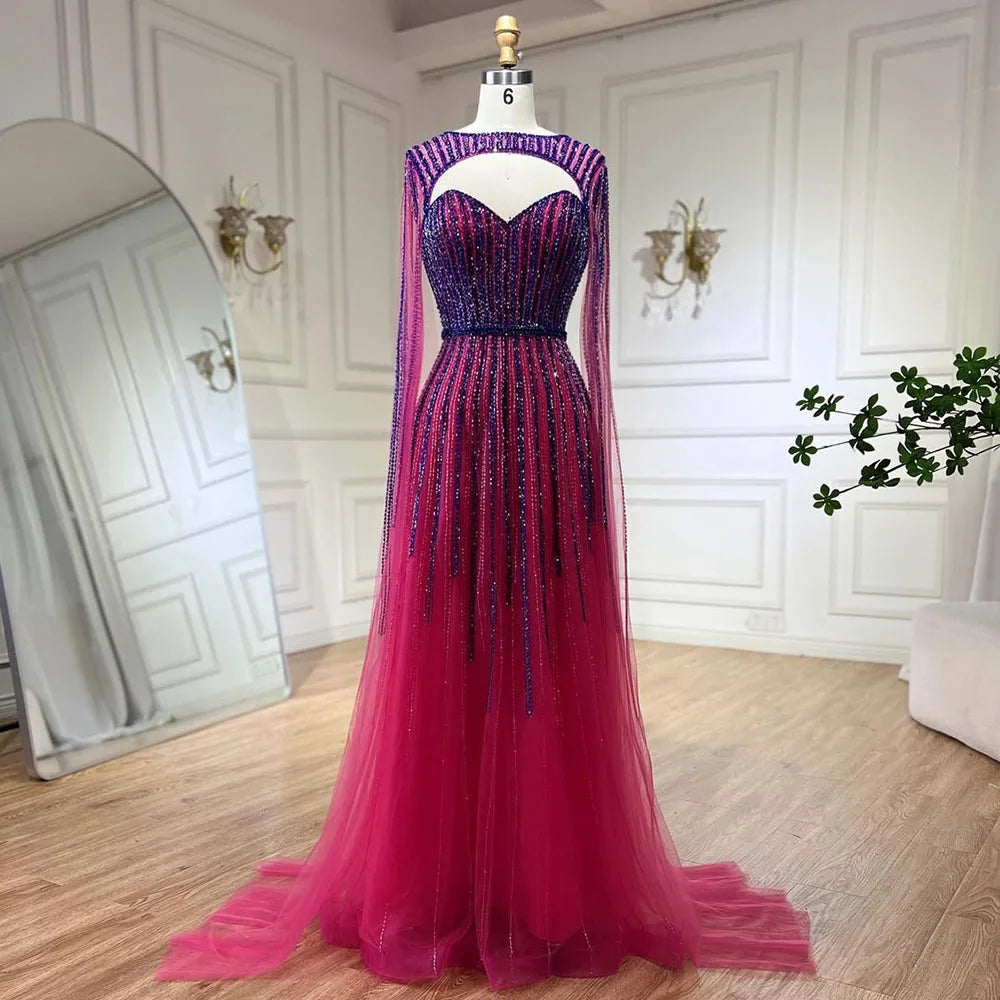 2025 Arabic Fuchsia Cape Sleeves A Line Beaded Evening Dresses Long Celebrity Gowns for Woman Wedding Party LA72433