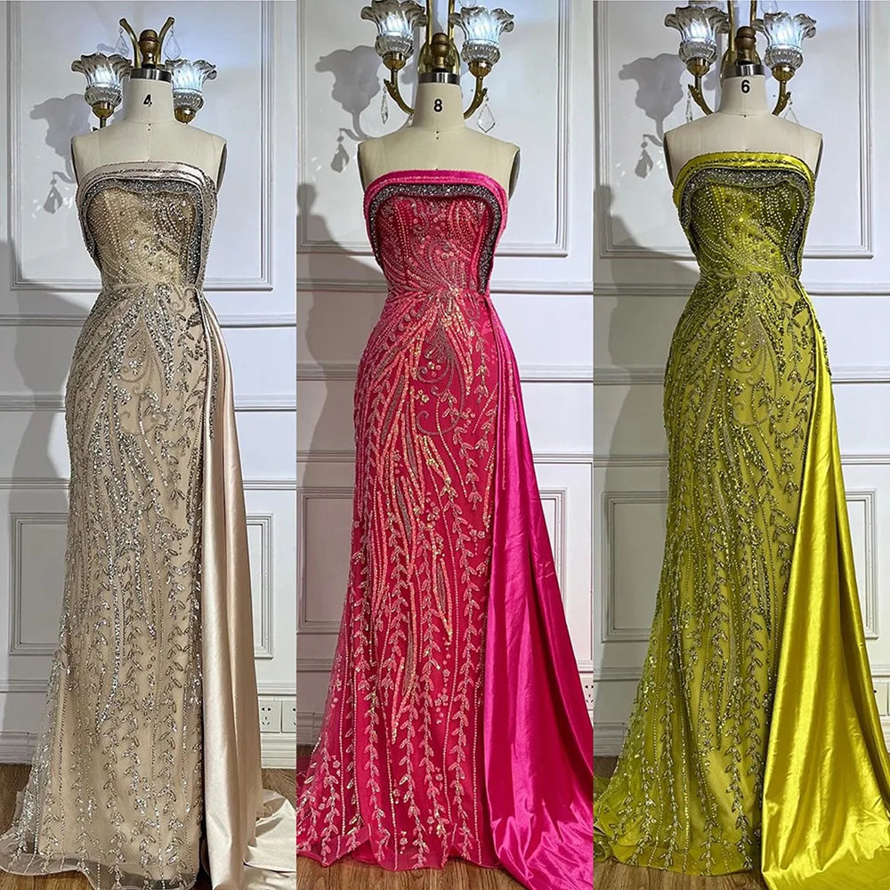 2025 Arabic Nude Strapless Satin Mermaid Beaded Luxury Dubai Evening Gown with Side Skirt for Women's Party LA72665