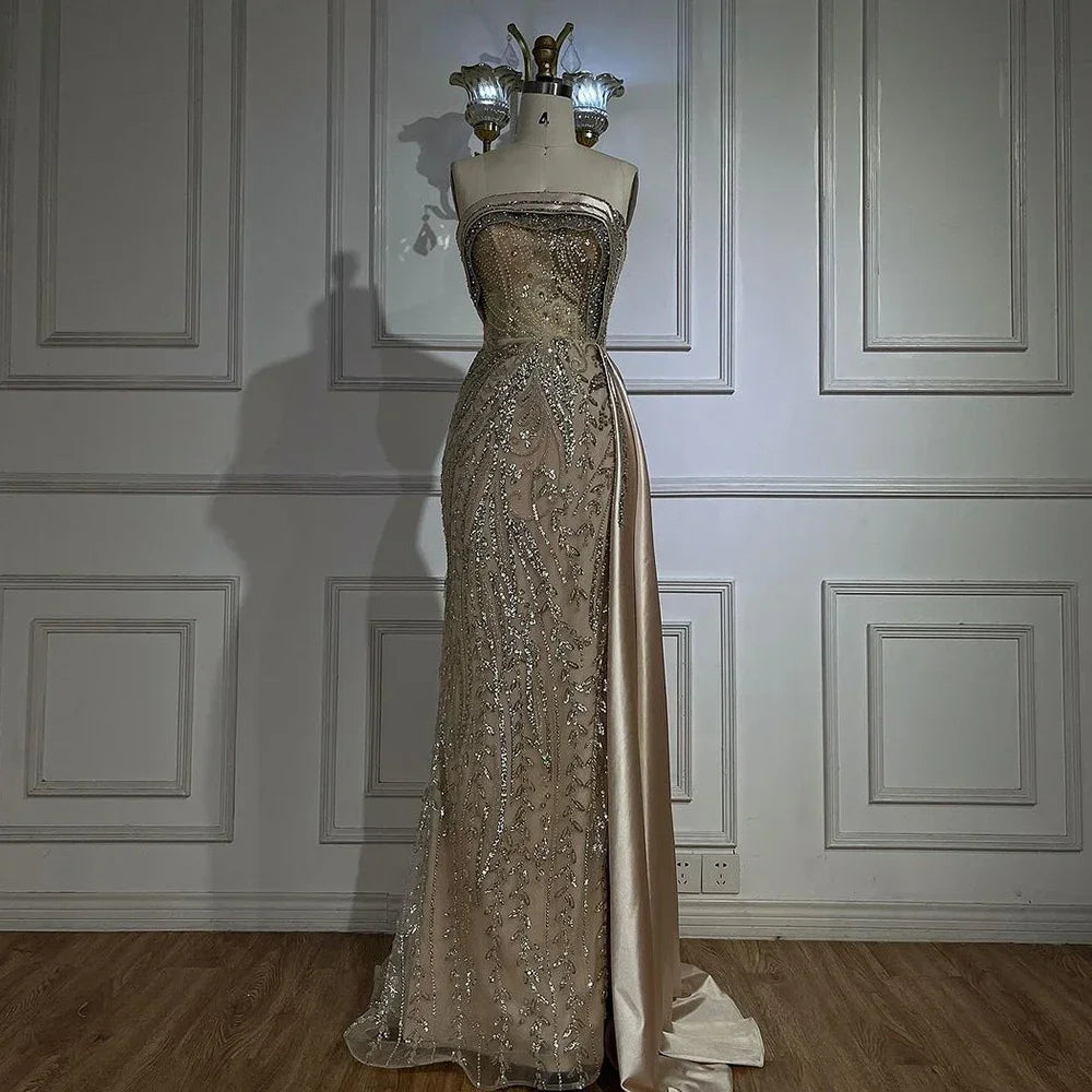 2025 Arabic Nude Strapless Satin Mermaid Beaded Luxury Dubai Evening Gown with Side Skirt for Women's Party LA72665