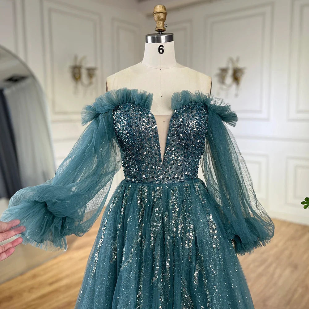 2025 Arabisch Grün A-Linie Elegante Perlen Luxus Abendkleider mit Puffärmeln für Frauen Party LA72655