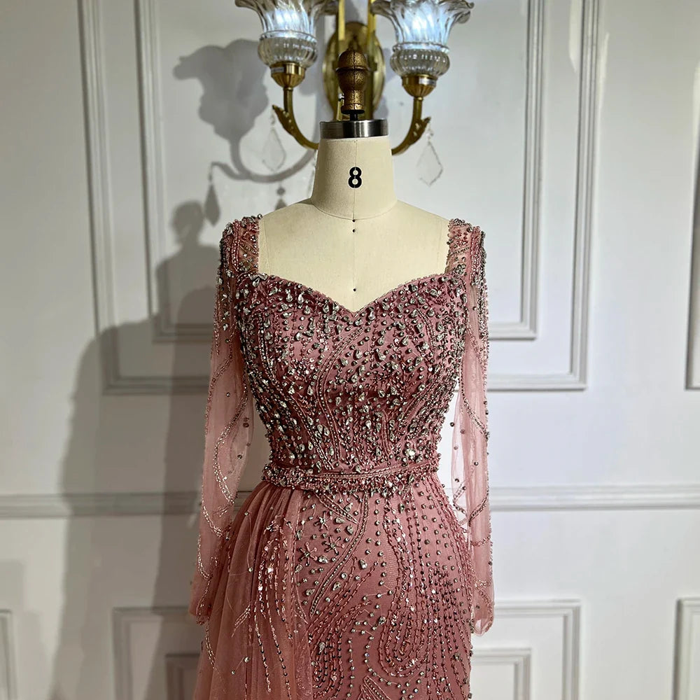 2025 Arabic Pink Elegant Mermaid Gowns with Luxury Beaded Overskirt for Women Wedding Party LA72441