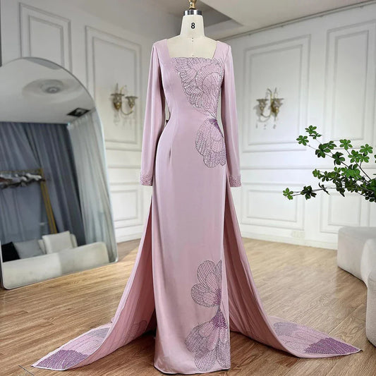 Vestido de noche elegante de sirena árabe rosa con cuentas de satén de lujo de Dubái para mujer, vestido de fiesta LA72001A