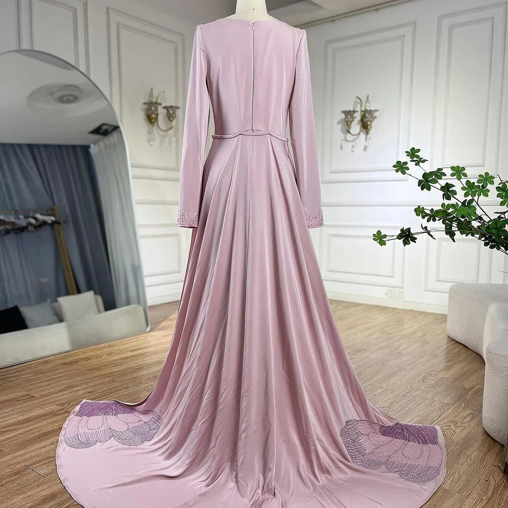 2025 Arabic Pink Mermaid Elegant Beaded Satin Luxury Dubai Evening Dresses Gowns For Women Party LA72001A