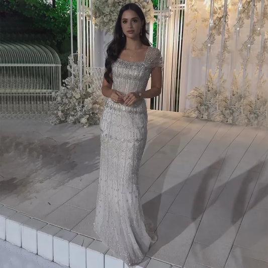 Vestido de noche árabe blanco de lujo estilo sirena de Dubái con mangas cortas LA72714