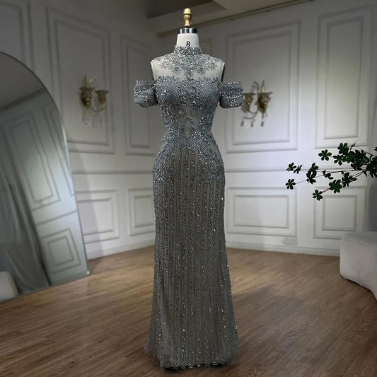 Vestido de noche de lujo estilo sirena, color plata árabe, con cuentas y cristales, estilo Dubái, para mujer, para fiesta de boda, LA72411