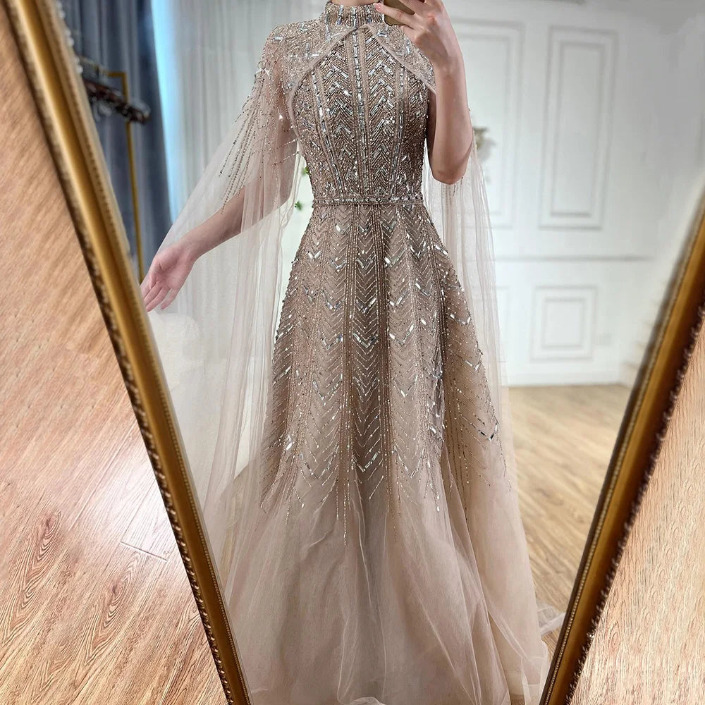 Vestido de noche azul con cuentas, corte A y mangas estilo capa LA72728