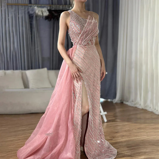 Vestido de noche azul saudí con un hombro abierto y sobrefalda lateral con cuentas para ocasiones formales (2025, LA72732)