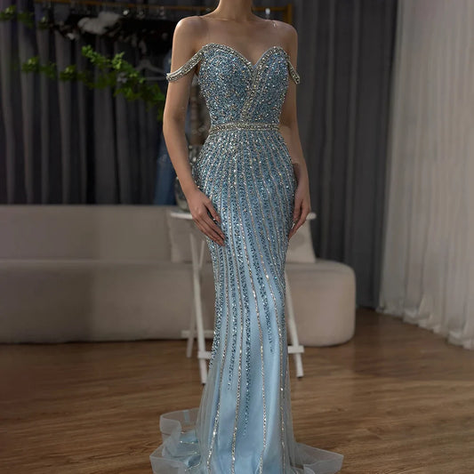 Vestido de fiesta azul sirena saudí de lujo con cuentas para ocasiones formales LA72715A