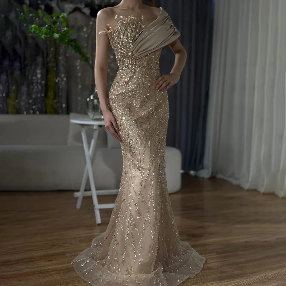 2025 Elegant Caramel One Shoulder Saudi Arabic Evening Gown with Beaded Dress for Formal Occasion LA72577