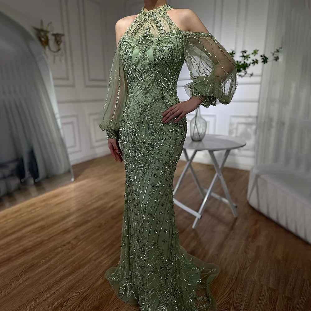2025 Elegant Sage Green Halter Neck Beaded Luxury Mermaid Evening Dress for Formal Occasion Saudi LA72737