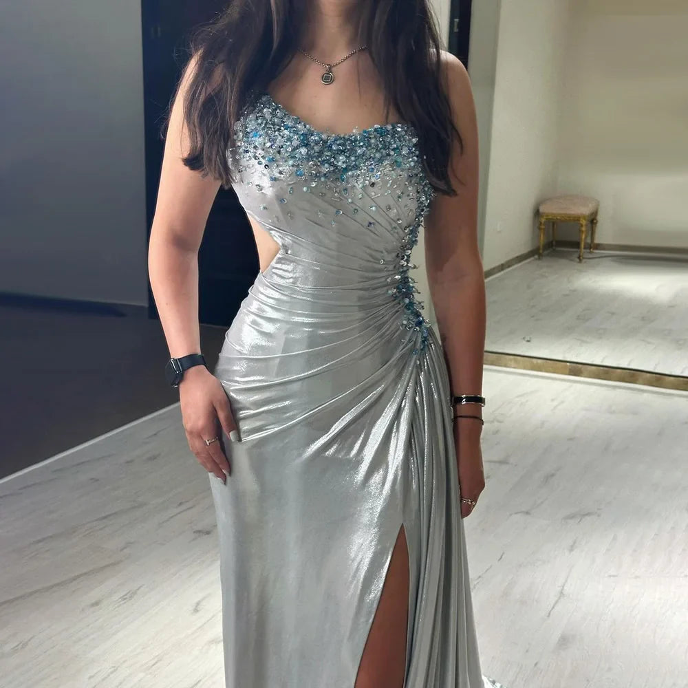2025 Elegant Silver One-Shoulder Beaded Mermaid Luxury Dubai Evening Gown with Side Split for Women's Party LA72672