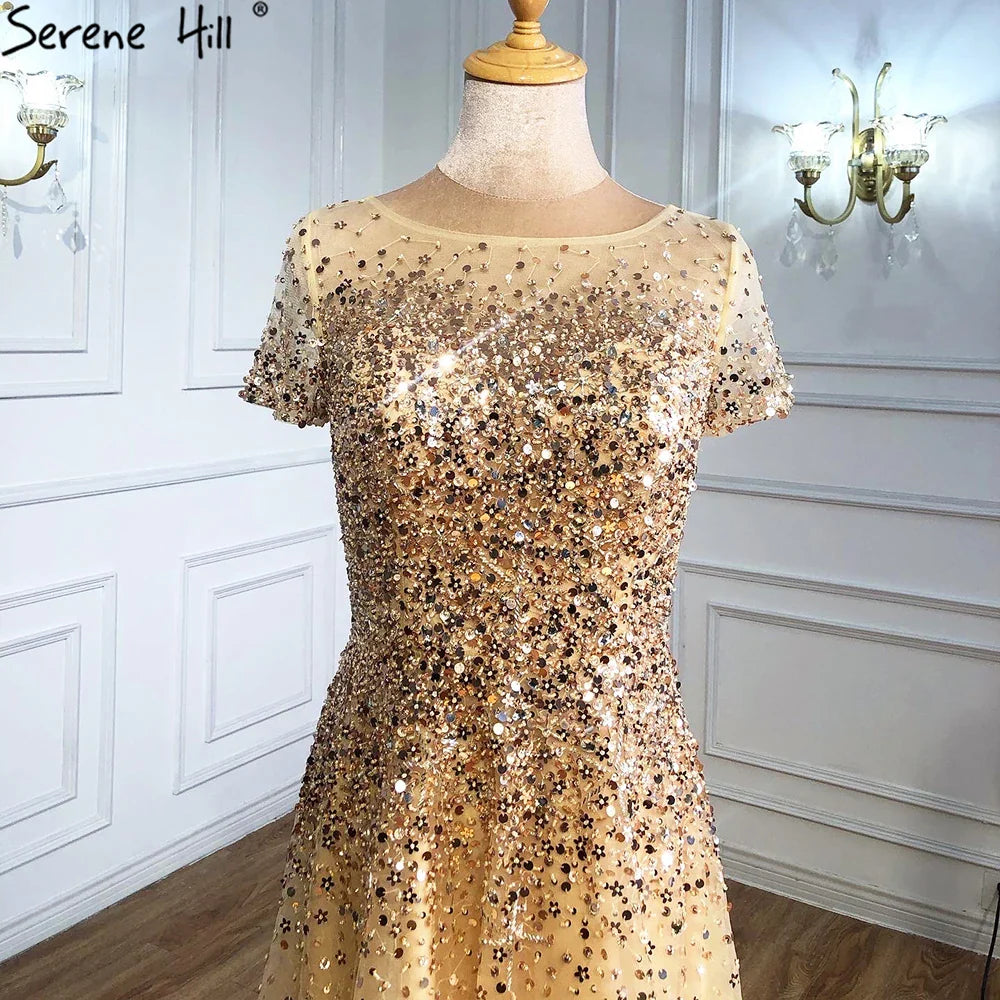 En oferta, sin devolución ni reembolso, 2025, vestidos de noche grises de lujo en forma de A con mangas cortas y cuentas, elegantes vestidos de fiesta para mujer LA70976