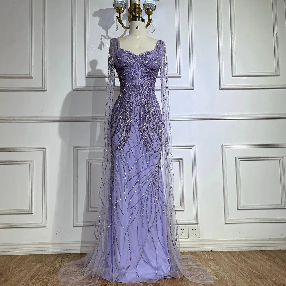 Lila Meerjungfrau Luxus Dubai Abendkleider mit Cape-Ärmeln LA72697