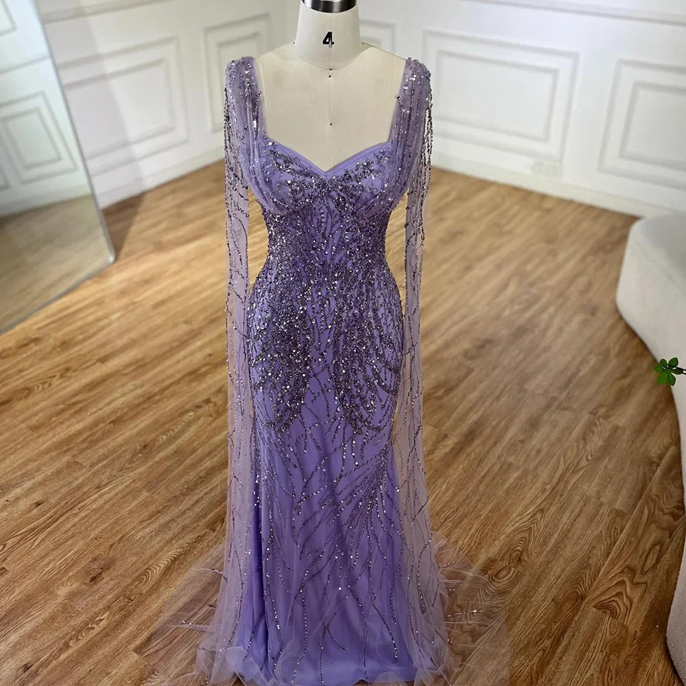 Lila Meerjungfrau Luxus Dubai Abendkleider mit Cape-Ärmeln LA72697