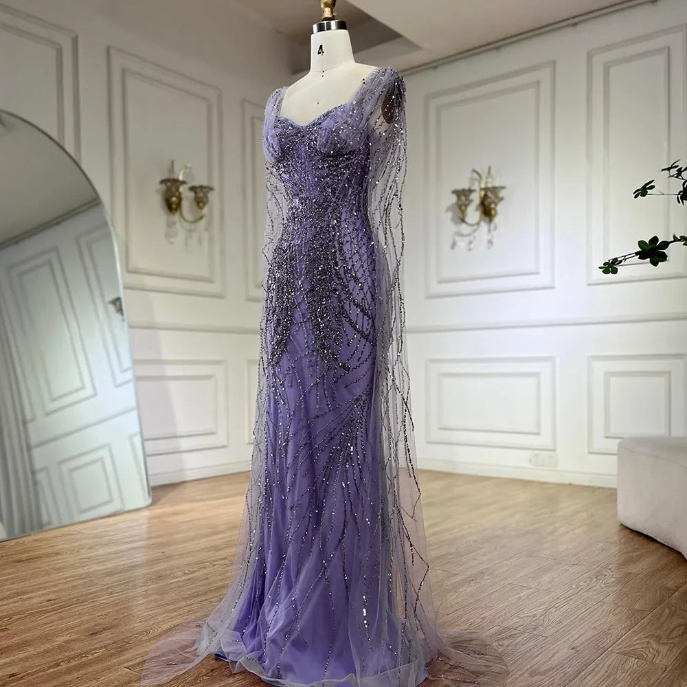 Lila Meerjungfrau Luxus Dubai Abendkleider mit Cape-Ärmeln LA72697