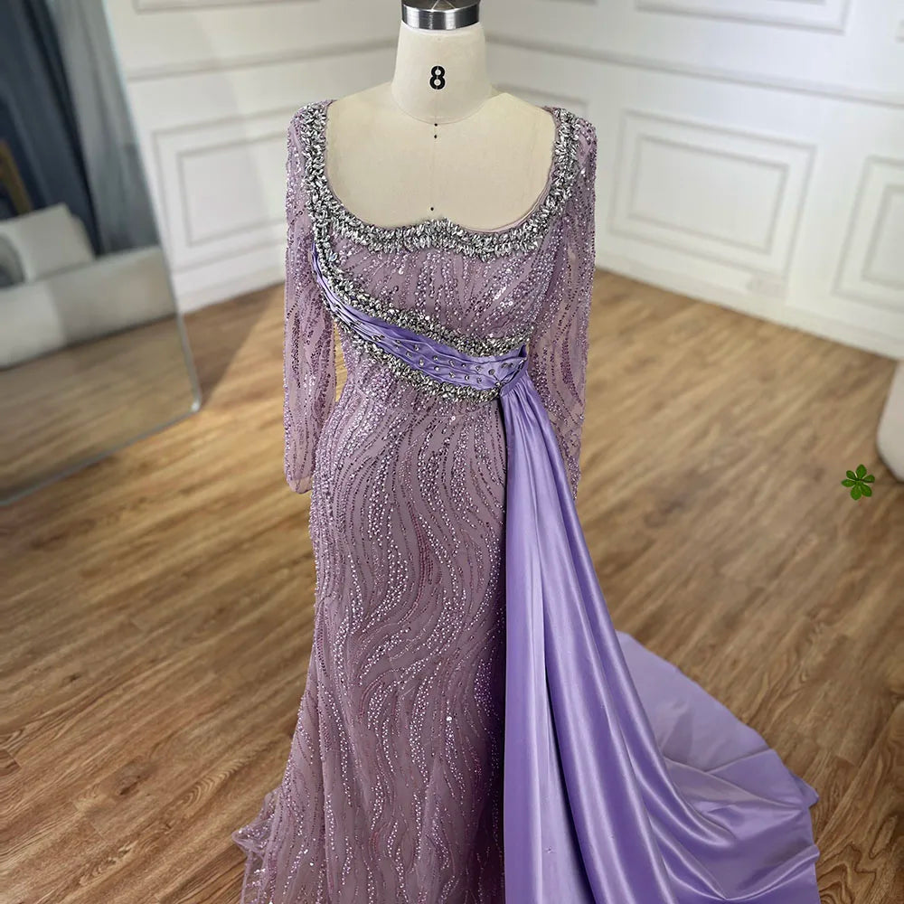 2025 Luxury Dubai Lilac Mermaid Dress with Satin Overskirt Beaded Evening Gown for Women Wedding Party LA72534