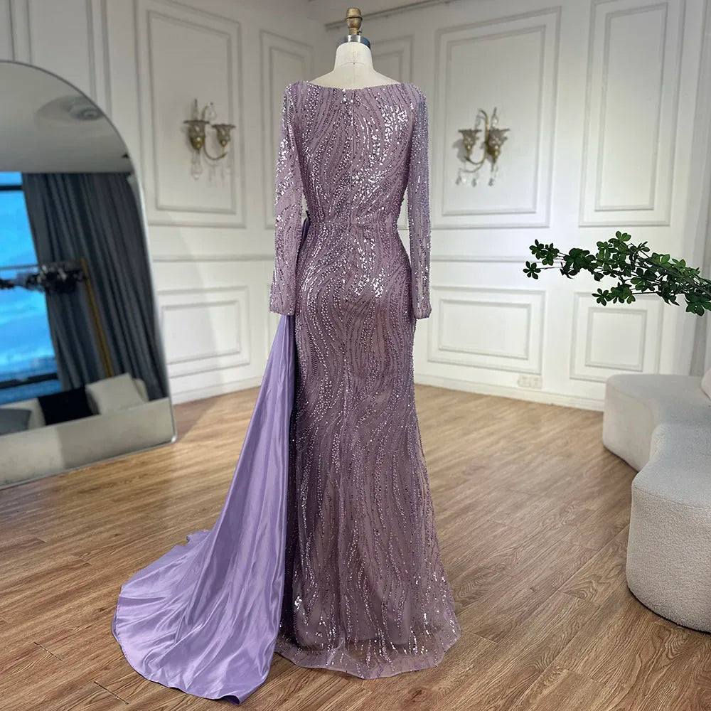 2025 Luxury Dubai Lilac Mermaid Dress with Satin Overskirt Beaded Evening Gown for Women Wedding Party LA72534