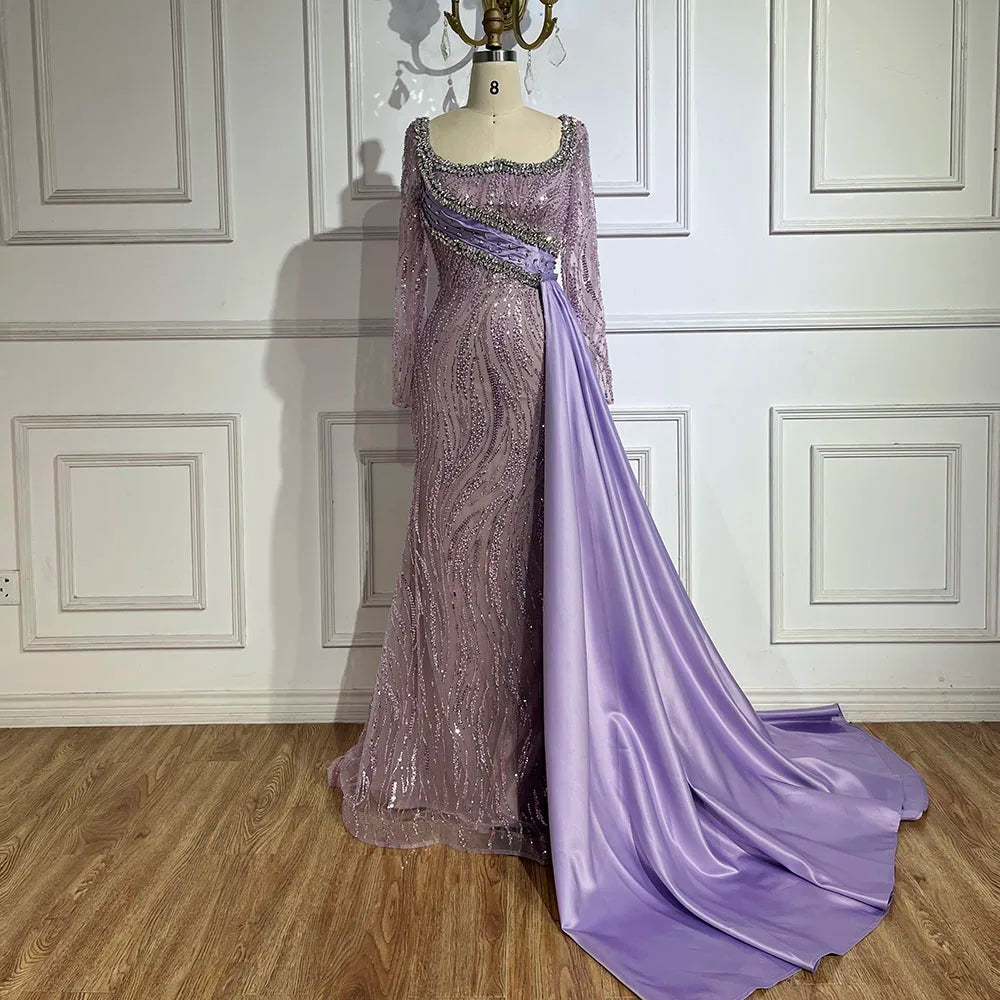2025 Luxury Dubai Lilac Mermaid Dress with Satin Overskirt Beaded Evening Gown for Women Wedding Party LA72534