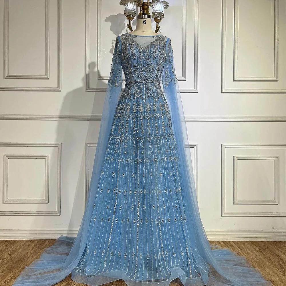 Luxuriöses blaues Abendkleid mit Cape-Ärmeln LA72666