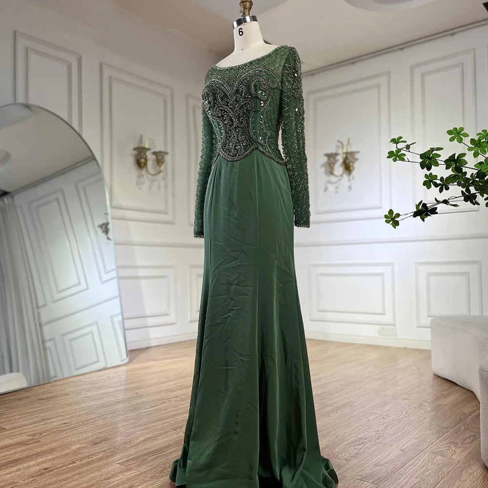 2025 Muslim Elegant Green Satin Mermaid Beaded Luxury Dubai Evening Gown for Women's Party LA72700