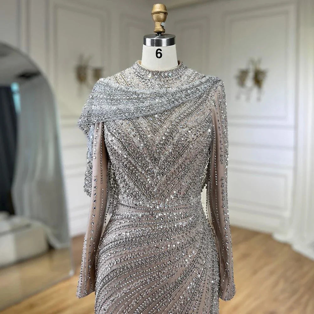 Muslim Silver Nude Beaded Sparkle Luxury Mermaid Evening Dress Gown LA70752H