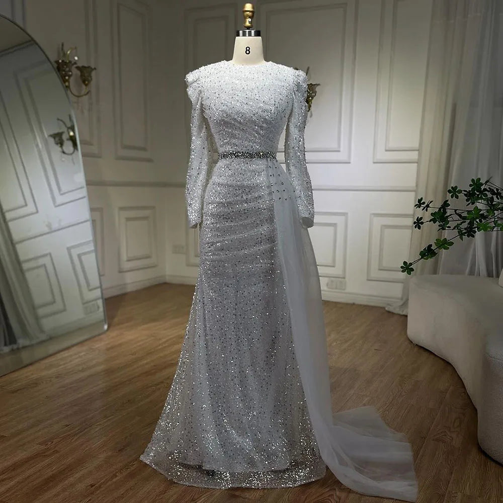 2025 Muslim White With Overskirt Elegant Mermaid Beaded Dresses Evening Dresses Gowns for Women Wedding Party LA72346