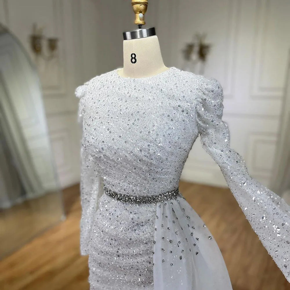 2025 Muslim White With Overskirt Elegant Mermaid Beaded Dresses Evening Dresses Gowns for Women Wedding Party LA72346